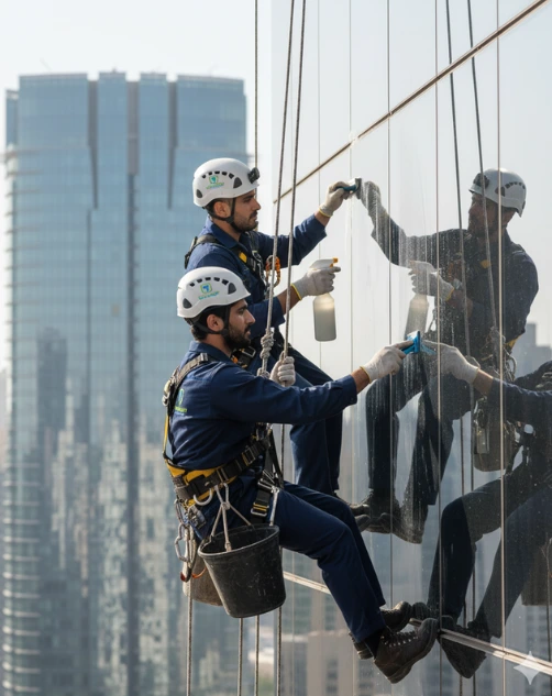 Abseiling facade cleaning service in Qatar — trained technicians performing exterior building maintenance safely.