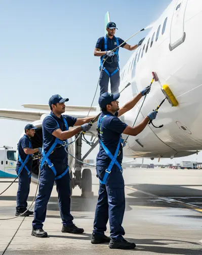 Men from cleanology cleaning air craft