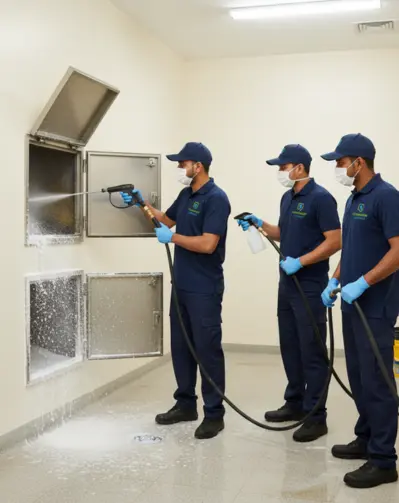 Professional garbage chute cleaning in Qatar — expert technician using industrial tools to remove debris and odor.