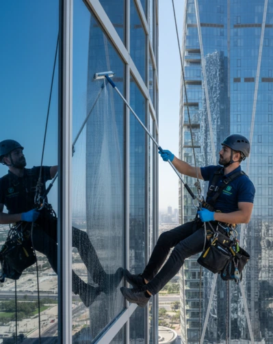 Clean and shiny building façade after rope access cleaning in Qatar — streak-free glass and spotless finish.