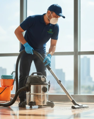 Commercial post-construction cleaning in Qatar — professionals polishing floors and windows before project handover.