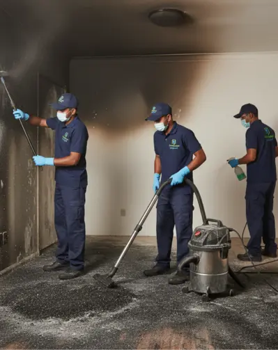 Skilled restoration team performing post fire cleaning in Qatar using advanced tools to remove smoke stains and repair damage.