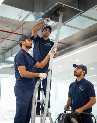 Expert technician performing HVAC duct cleaning services in Qatar using advanced vacuum and sanitizing equipment.