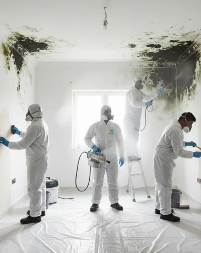 Mould remediation service in Qatar — trained technicians wearing safety gear and removing mould from a home.
