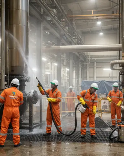 Oil and gas shutdown cleaning in Qatar — industrial cleaning team servicing refinery equipment during maintenance shutdown.