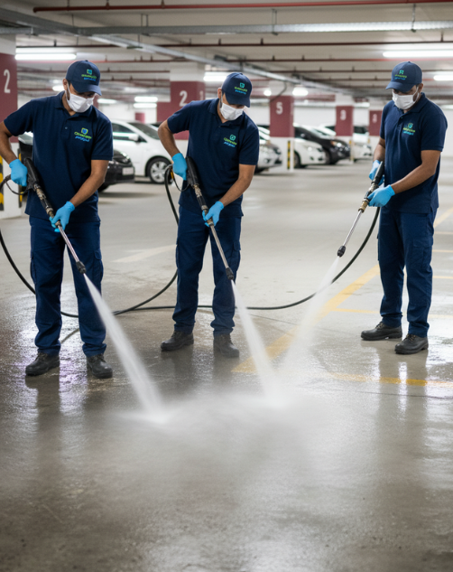 Trained cleaning crew performing parking area cleaning in Qatar using advanced sweeping machines and eco-friendly cleaning methods.