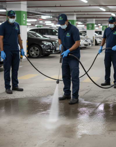 Neat and polished parking area after professional cleaning services in Qatar showcasing high-quality maintenance standards.