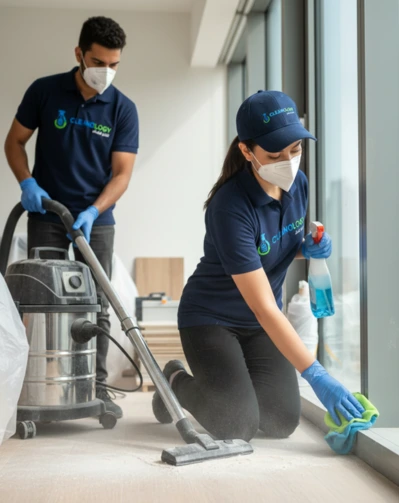Post-construction cleaning in Qatar — cleaning crew removing dust and debris from a newly built residential property.
