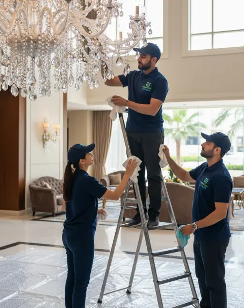 Professional chandelier cleaning in Qatar — expert cleaner wiping a crystal chandelier safely and efficiently