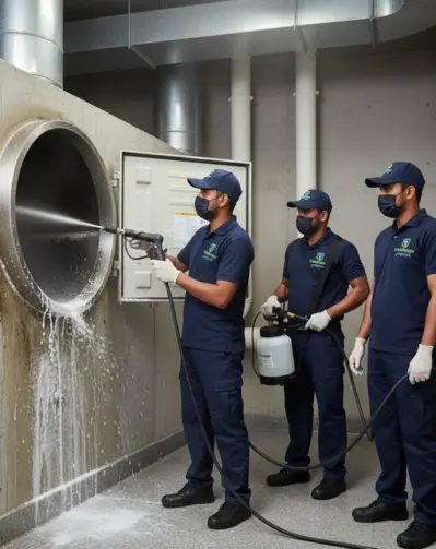 Residential garbage chute cleaning service in Qatar — cleaning team disinfecting chute area for hygiene and safety