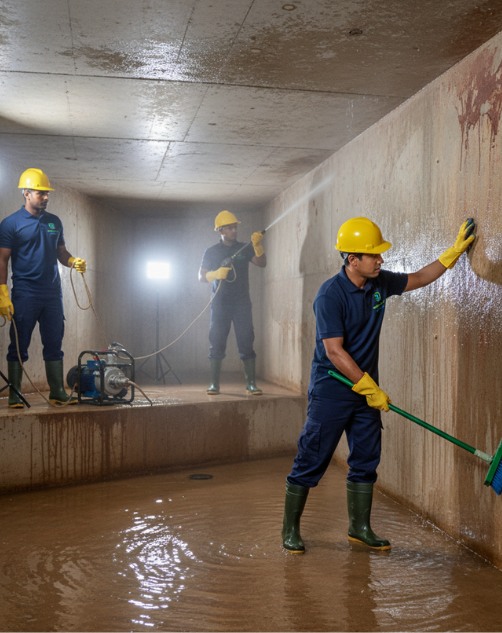 Expert technician cleaning a residential water tank in Qatar using high-pressure washing and sanitization methods.