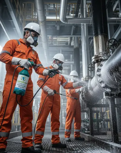 Worker in safety gear performing pipeline cleaning during oil and gas shutdown in Qatar using specialized tools.