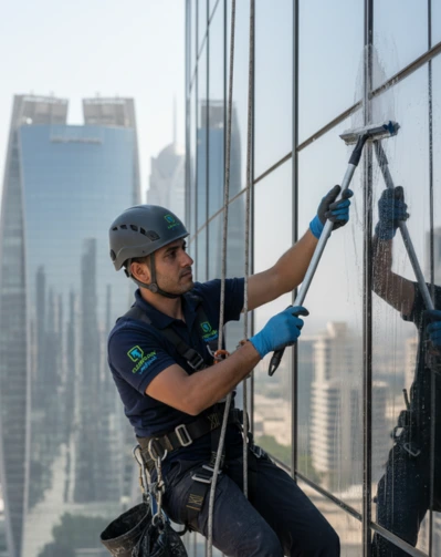 Rope access façade cleaning in Qatar — professional cleaners suspended on ropes washing high-rise glass windows.