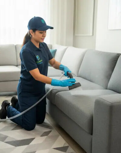 Expert technician deep cleaning a fabric sofa in Qatar with modern upholstery cleaning equipment and eco-friendly solutions.