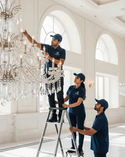 Sparkling chandelier after a professional cleaning service in Qatar — shining glass crystals reflecting bright light.