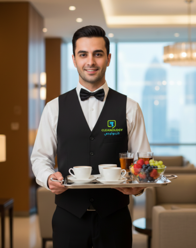 Tea boy staff outsourcing in Qatar — professional office assistant serving tea and coffee in a corporate environment.