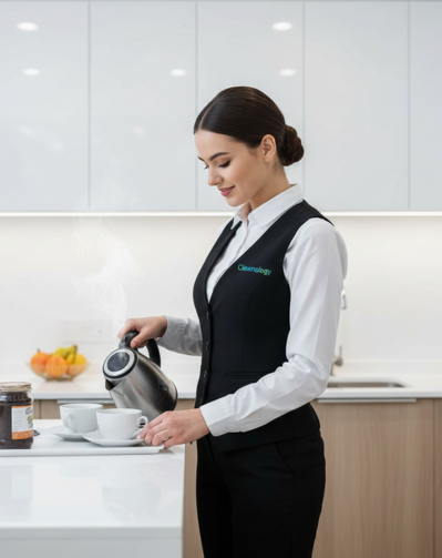 Tea girl service in Qatar hospital — friendly staff member serving refreshments in a clean healthcare setting.