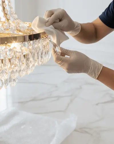 Trained cleaning team performing high ceiling chandelier cleaning in Qatar using safe scaffolding and professional tools.